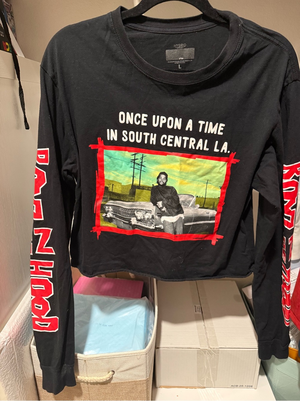 Hybrid Apparel Black Long-Sleeve Graphic Tee with Red, Yellow-Green Front Art
